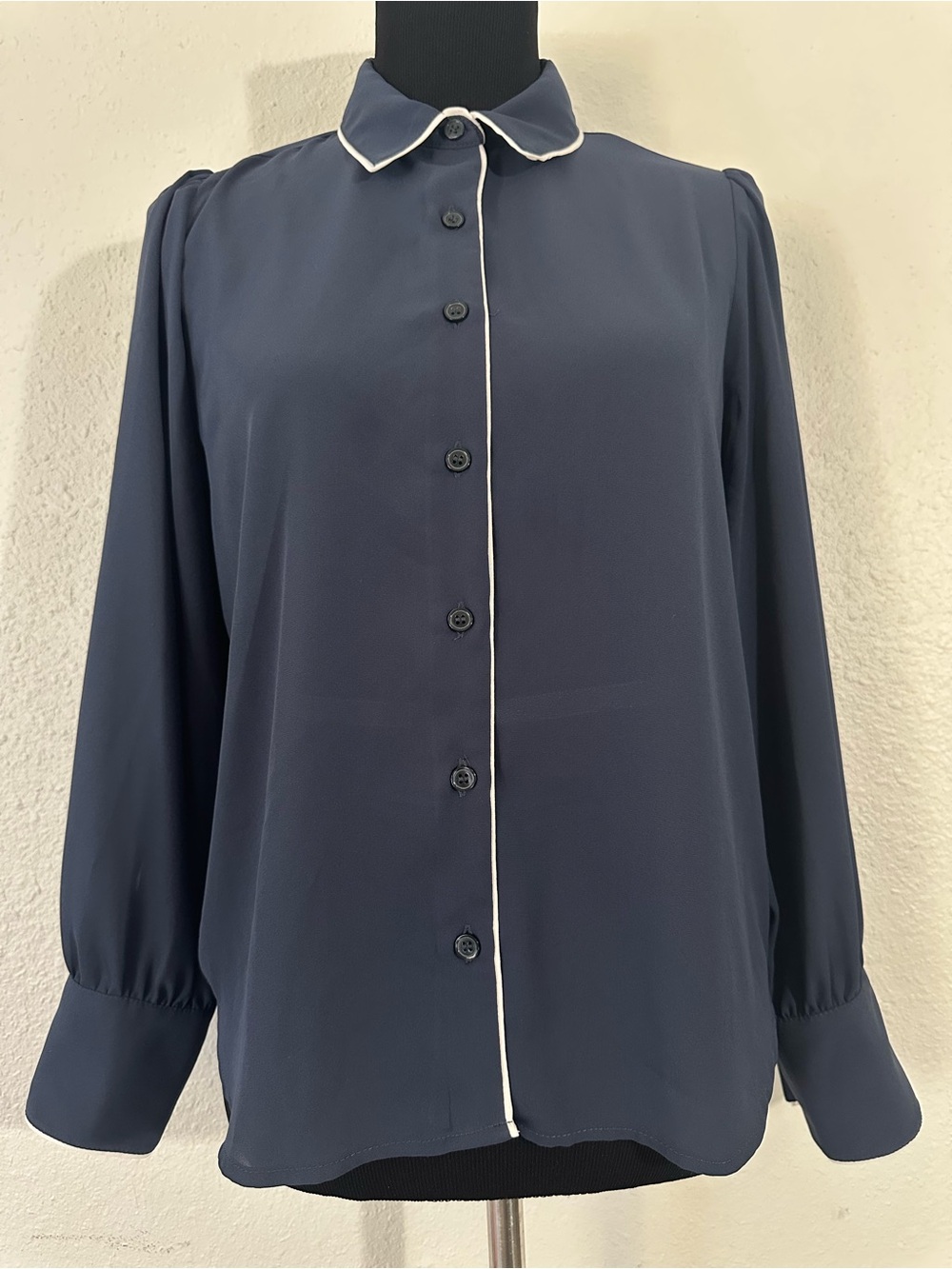 Ann Taylor Navy Button-Down Blouse with White Piping